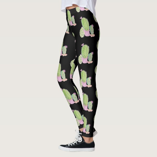 Aquarell-Kaktus-Topfpflanzenmuster Schwarz Leggings (Links)