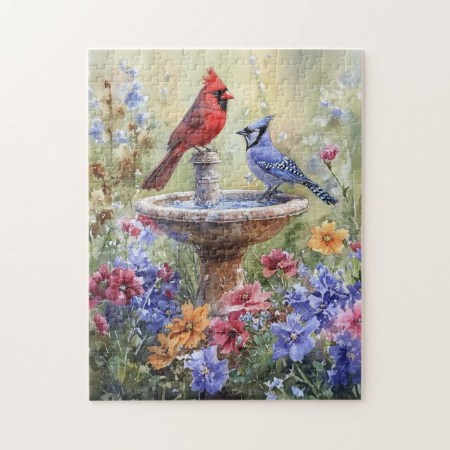 Aquarell-Kardinal und Blue Jay Puzzle (Vertikal)
