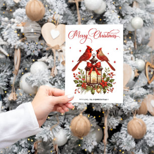 Aquarell-Kardinalvögel auf Weihnachtslaterne Feiertagskarte