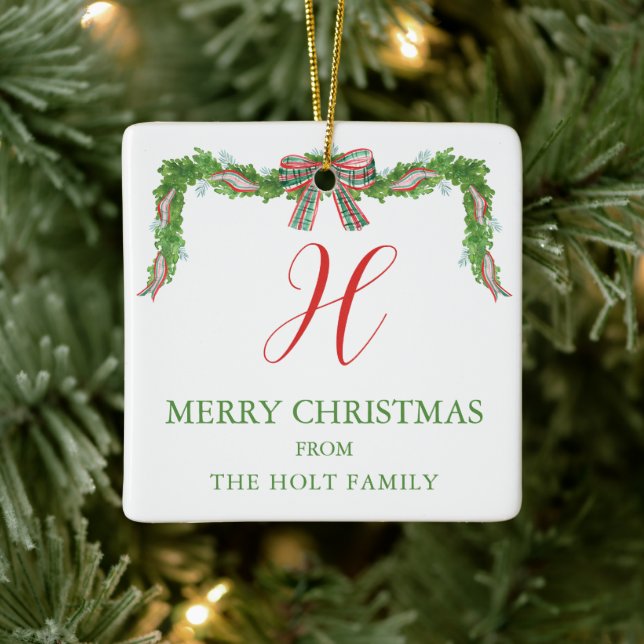 Aquarell Kariert Bow Garland Weihnachten Keramikornament (Baum)