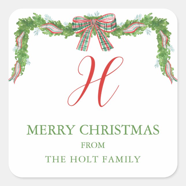 Aquarell Kariert Bow Garland Weihnachten Quadratischer Aufkleber (Vorderseite)