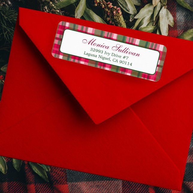 Aquarell Kariert Weihnachten CUSTOM Rücksendeadres (Watercolor Plaid Christmas Holiday red Green Elegant Chic CUSTOM Return Address Label
)