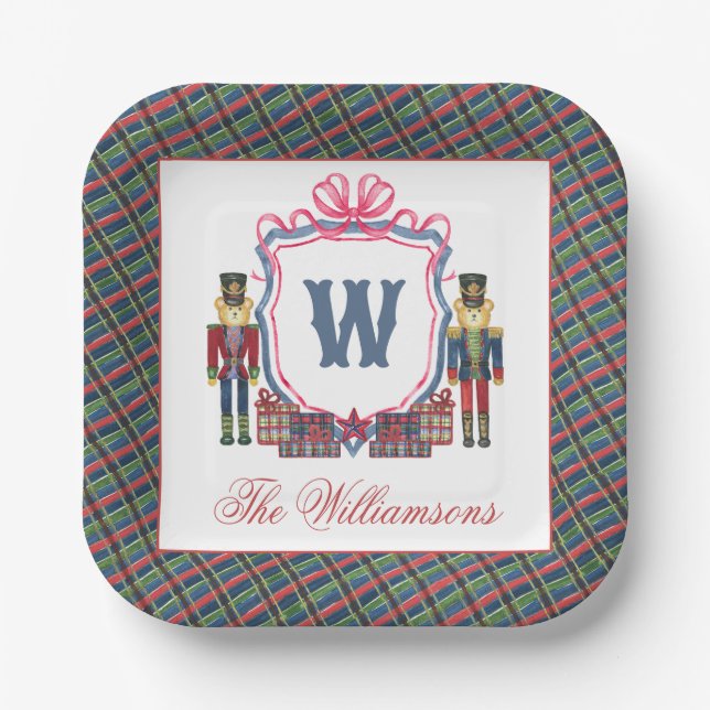 Aquarell-Karo-Nussknacker-Bär-Monogrammwappen Pappteller (Vorderseite)