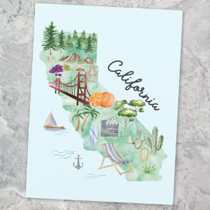 Aquarell-Karte des US-Bundesstaates Kalifornien Postkarte