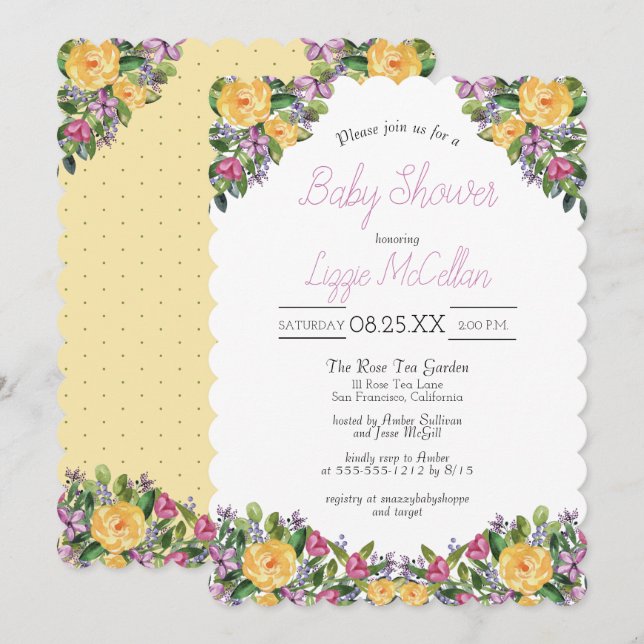 Aquarell-kaskadierenBlumenstrauß-Babyparty Einladung (Vorne/Hinten)