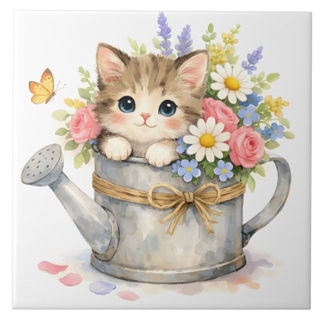 Aquarell-Kätzchen in einer Gießkanne mit Blumen Fliese (Vorderseite)