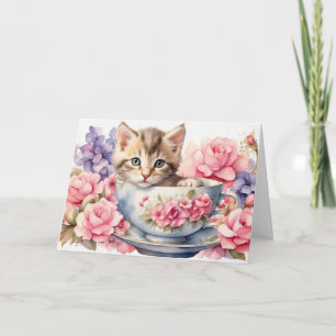 Aquarell-Kätzchen in Teetasse mit Blumen  Karte