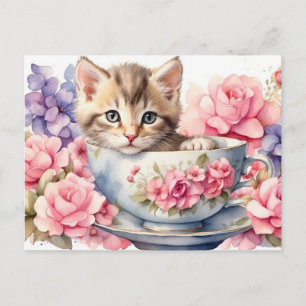 Aquarell-Kätzchen in Teetasse mit Blumen Postkarte