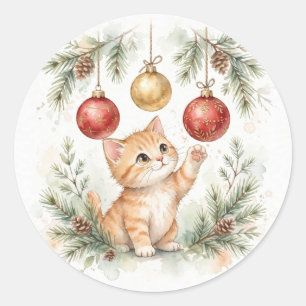 Aquarell-Kätzchen-Weihnachts-Schmuck-Aufkleber Runder Aufkleber