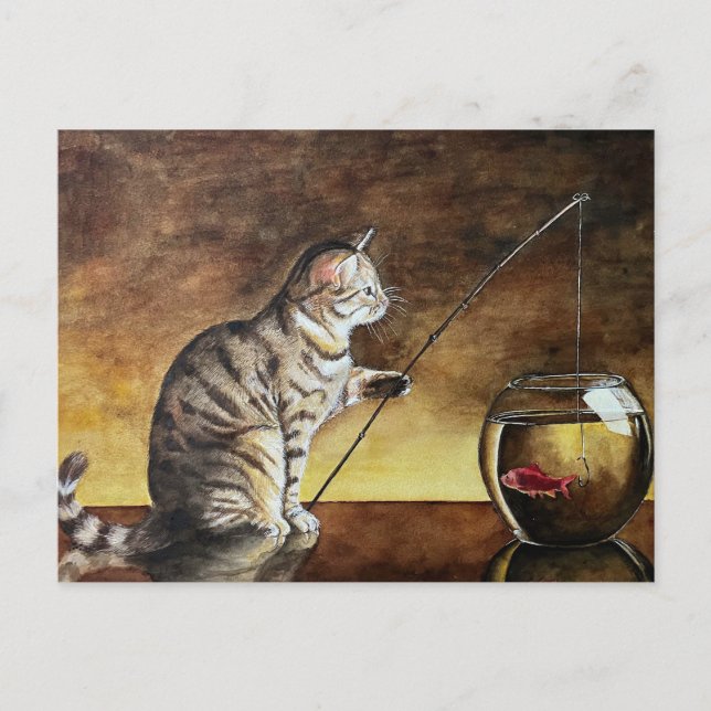 Aquarell-Katze angelt Postkarte (Vorderseite)