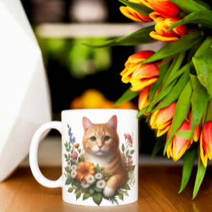 Aquarell-Katze & Blumen Kaffeetasse