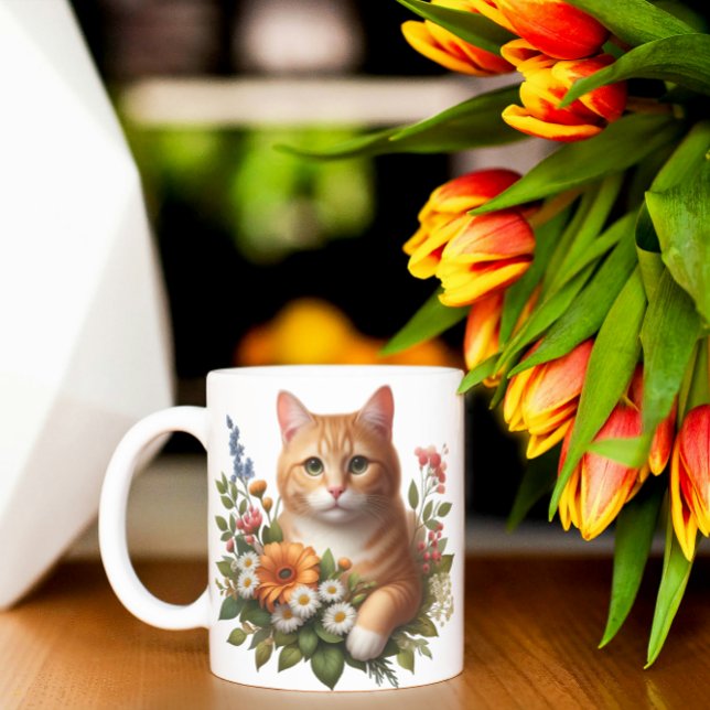 Aquarell-Katze & Blumen Kaffeetasse (Von Creator hochgeladen)