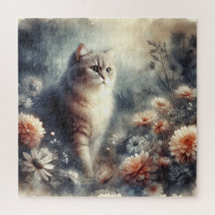 Aquarell-Katze & Blumen Puzzle