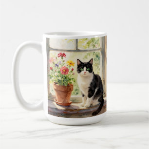 Aquarell-Katze, Blumen und Gedicht Kaffeetasse