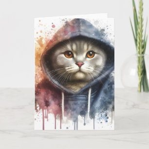 Aquarell-Katze in blauem Hoodie Splash Art Leer Karte