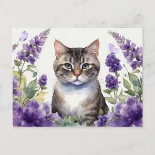 Aquarell-Katze mit Lavendelblüten Postkarte