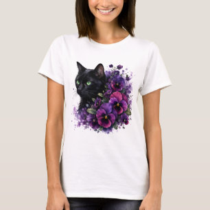 Aquarell-Katze-Stiefmütterchen PNG Florale Garteng T-Shirt
