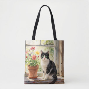 Aquarell-Katze und Blumen auf der Fensterbank