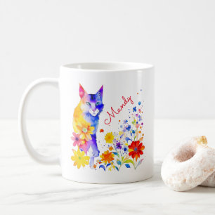 Aquarell-Katze und Blumen personalisiert Kaffeetasse
