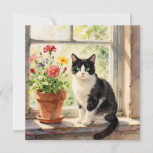 Aquarell-Katze und Blumen-Themen-Blanko