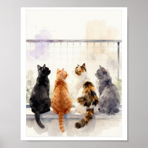 Aquarell-Katzen auf Balkon – Katzenliebhaber-Wandk Poster