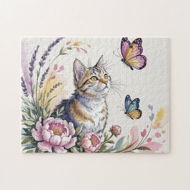Aquarell-Katzen-Blumen Puzzle (Horizontal)