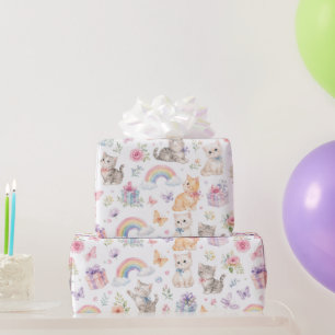 Aquarell-Katzen Regenbogen-Blumen Schmetterlinge Geschenkpapier