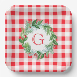 Aquarell-Kiefern-Kranz MONOGRAMM Rot Kariert Pappteller