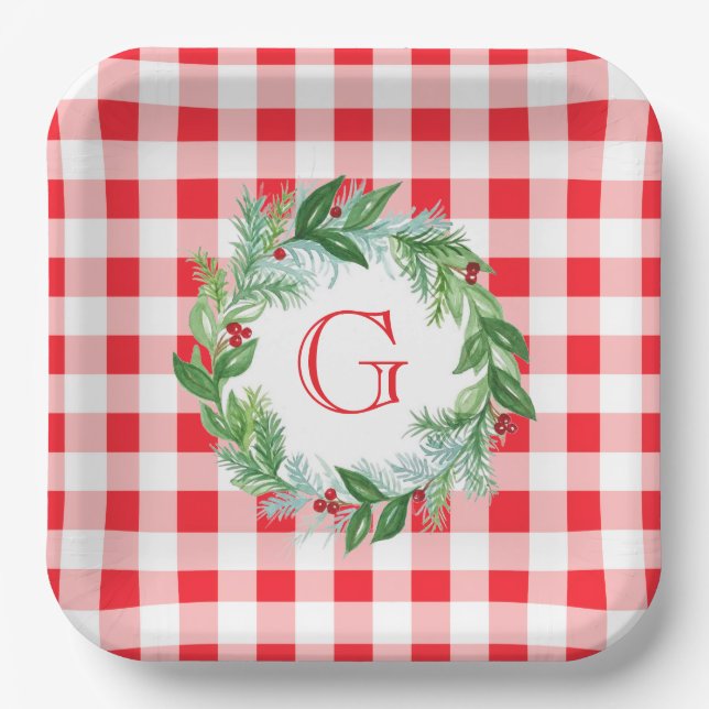 Aquarell-Kiefern-Kranz MONOGRAMM Rot Kariert  Pappteller (Vorderseite)