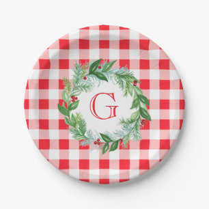 Aquarell-Kiefern-Kranz MONOGRAMM Rot kariert rund Pappteller