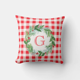 Aquarell-Kiefern-Kranz MONOGRAMM Rotkariert Kissen