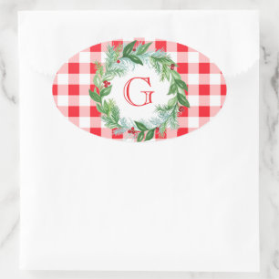 Aquarell-Kiefern-Kranz MONOGRAMM Rotkariert Ovaler Aufkleber