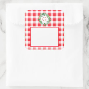 Aquarell-Kiefern-Kranz MONOGRAMM Rotkariert Quadratischer Aufkleber
