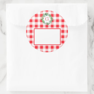 Aquarell-Kiefern-Kranz MONOGRAMM Rotkariert Runder Aufkleber