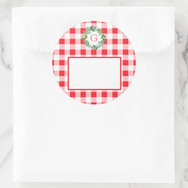 Aquarell-Kiefern-Kranz MONOGRAMM Rotkariert  Runder Aufkleber (Tasche)