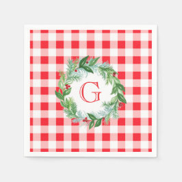 Aquarell-Kiefern-Kranz MONOGRAMM Rotkariert Serviette