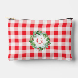 Aquarell-Kiefern-Kranz MONOGRAMM Rotkariert Zubehörtasche