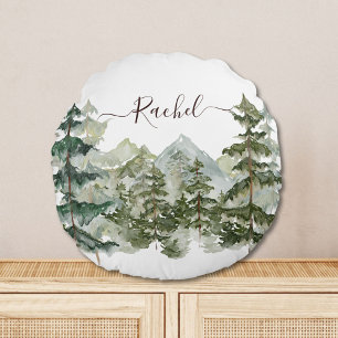 Aquarell-Kiefernwald und Berg-Ästhetik Rundes Kissen