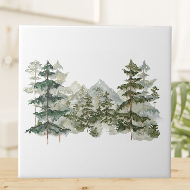 Aquarell-Kieferwald und rustikale Berge Fliese (Close up photo in bathroom)