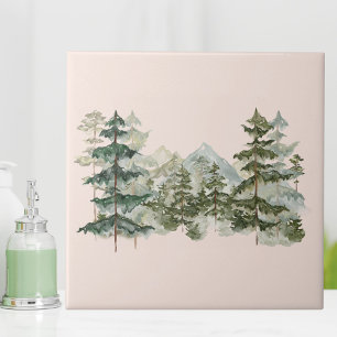 Aquarell-Kieferwald und rustikale Berge Fliese