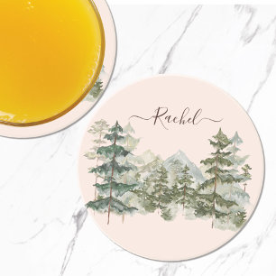 Aquarell-Kieferwald und rustikale Berge Getränkeuntersetzer