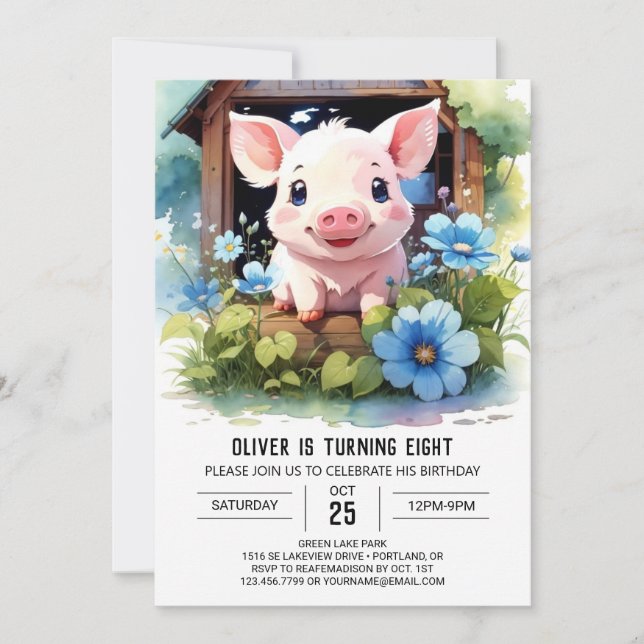 Aquarell Kinder Piglet Barnyard Geburtstag Einladung (Vorderseite)