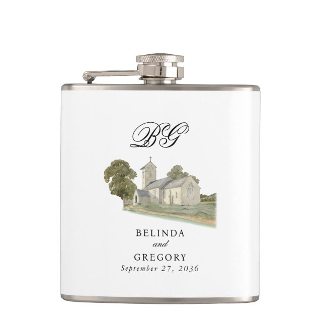 Aquarell-Kirche Traditionelles Monogramm-Hochzeit Flachmann (Vorderseite)