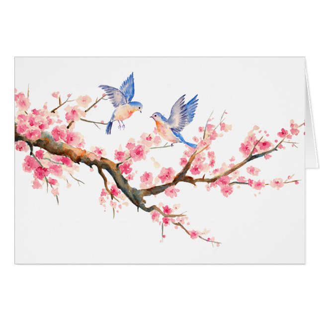 Aquarell-Kirschblüte und blaue Vögel (Vorderseite (Horizontal))