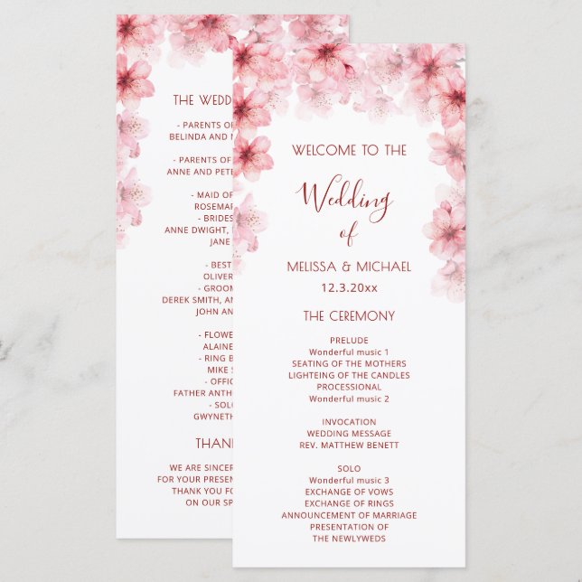 Aquarell-Kirschblüten-Hochzeit Programm (Vorne/Hinten)