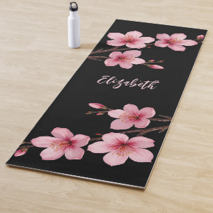 Aquarell Kirschblüten-Rosa-Schwarzes Monogramm Yogamatte