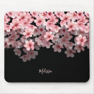 Aquarell-Kirschblüten Schwarz Rosa   Dein Name Mousepad