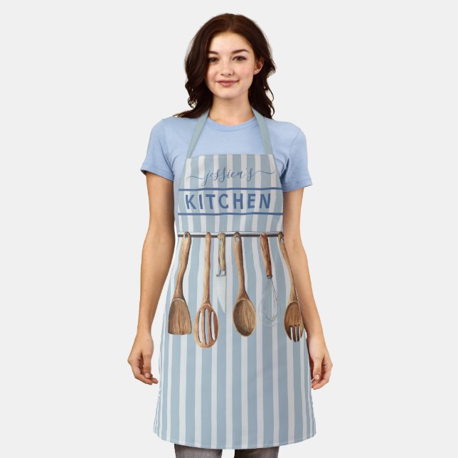 Aquarell Kitchen Monogram Utensils Modern Blue Schürze (Getragen)