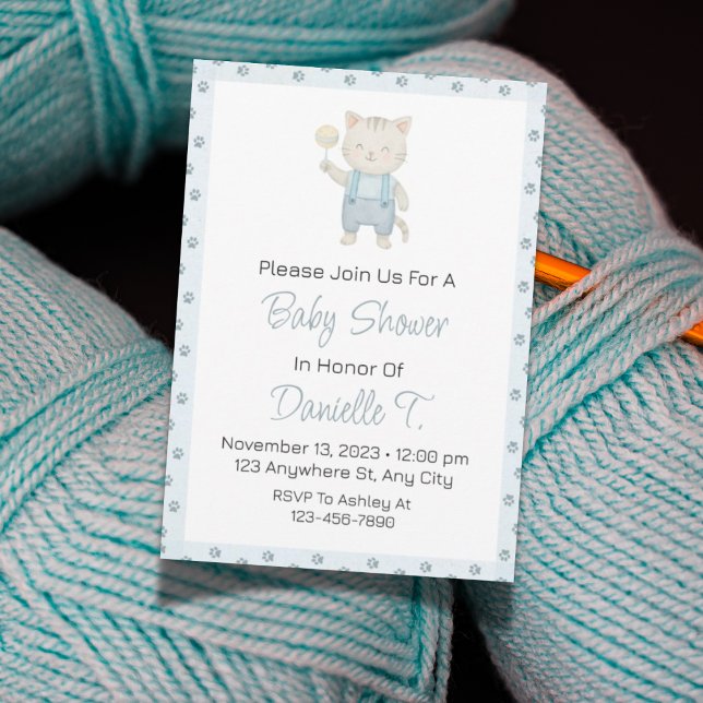 Aquarell Kitten Kinderdusche Einladung für Junge (Kitten-themed baby shower invitation design with charming blue cat illustrations.)