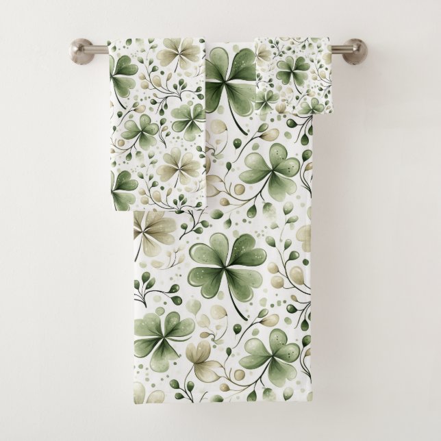 Aquarell-Kleeblattmuster – Grün & Neutral Badhandtuch Set (Insitu)